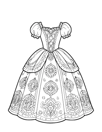 Dibujo lineal en blanco y negro de un vestido de princesa ornamentado con mangas abullonadas, corpiño ajustado y falda ancha cubierta con motivos florales y geométricos simétricos.