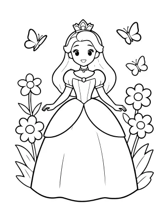 Dibujo lineal de una princesa sonriente con una tiara y un vestido largo, parada entre flores altas y tres mariposas revoloteando cerca.