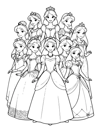 Arte lineal en blanco y negro de diez princesas con vestidos formales y tiaras, dispuestas en un grupo con variados peinados y detalles de vestimenta.