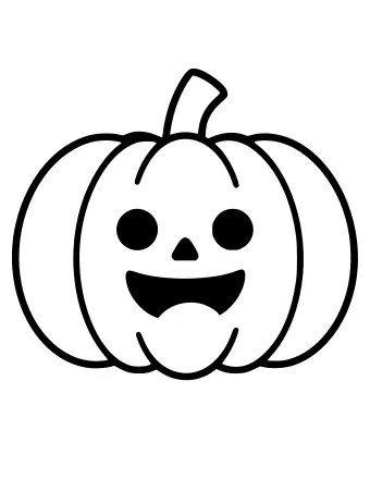 Un simple dibujo lineal en blanco y negro de una calabaza redonda con una cara sonriente, dos ojos redondos y un tallo verde curvo en la parte superior.