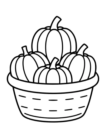 Dibujo lineal en blanco y negro de una canasta tejida llena de varias calabazas pequeñas de diferentes tamaños, cada una con un tallo corto.