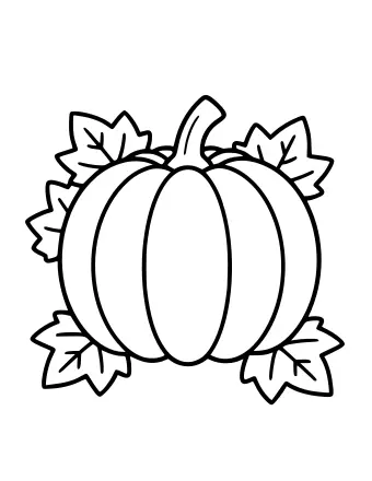 Dibujo lineal en blanco y negro de una calabaza redonda con crestas verticales, un tallo corto y hojas irregulares y enredaderas que la rodean.