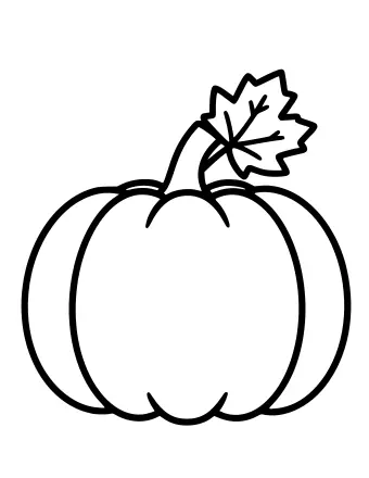 Dibujo lineal en blanco y negro de una calabaza redonda con crestas verticales y una gran hoja de arce unida a su tallo.