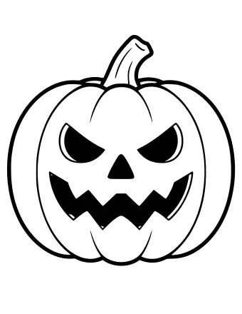 Dibujo lineal en blanco y negro de una calabaza redonda con un tallo curvo, ojos triangulares en ángulo, una pequeña nariz triangular y una boca ancha y dentada con dientes afilados.