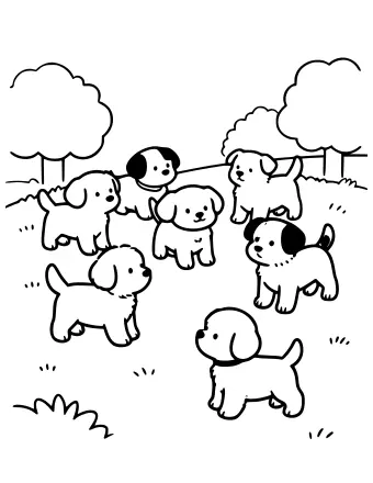 Dibujo lineal en blanco y negro de seis cachorros de diferentes tamaños y patrones jugando en un parque cubierto de hierba con dos árboles al fondo.