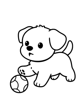 Dibujo lineal en blanco y negro de un cachorro en una pose dinámica, mirando una pelota en el suelo.