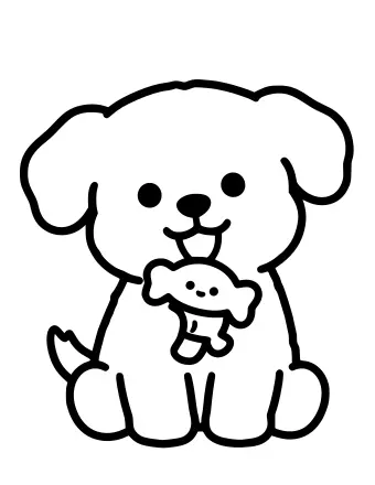Dibujo lineal en blanco y negro de un cachorro sonriente con orejas caídas, sosteniendo un juguete pequeño en la boca y sentado a cuatro patas.