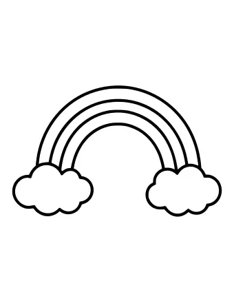 Dibujo lineal en blanco y negro de un arco iris arqueándose entre dos nubes hinchadas, con una pequeña olla de oro en el suelo debajo del extremo derecho del arco.