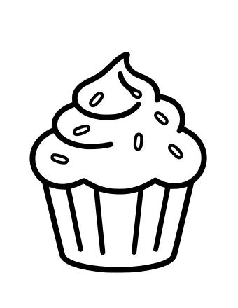 Dibujo lineal de un cupcake en un forro de papel acanalado cubierto con un remolino de glaseado y chispas esparcidas.