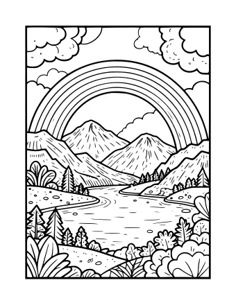 Dibujo lineal en blanco y negro de una cadena montañosa con un gran arco iris arqueándose sobre un lago sinuoso, rodeado de pinos, arbustos y nubes.