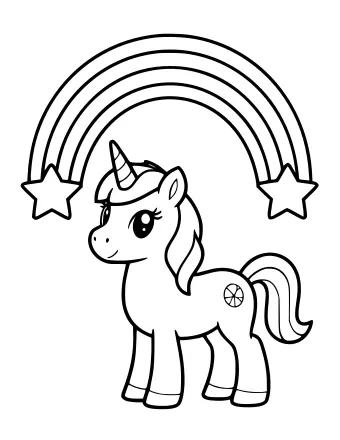 Dibujo lineal de un unicornio sonriente con un cuerno en espiral y una melena suelta debajo de un gran arco iris con una estrella en cada extremo.