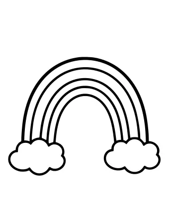 Un dibujo lineal simple de un arco iris de siete colores con dos nubes esponjosas en cada extremo.