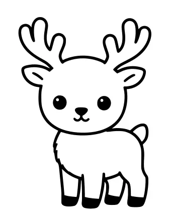Un dibujo lineal en blanco y negro de un lindo reno bebé de dibujos animados con ojos grandes, astas pequeñas y una cola esponjosa.