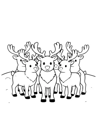 Dibujo lineal en blanco y negro de un grupo de renos juntos sobre un suelo nevado con grandes astas y pezuñas oscuras.