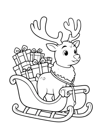 Dibujo lineal en blanco y negro de un reno con grandes astas tirando de un trineo lleno de regalos envueltos y lazos, visto desde un lado.