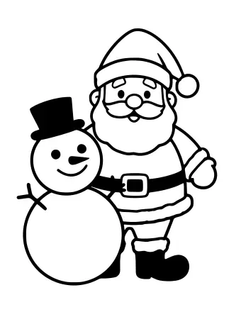 シルクハットとスカーフをかぶった雪だるまの横に立つ、帽子とコートを着たサンタクロースの白黒の線画。