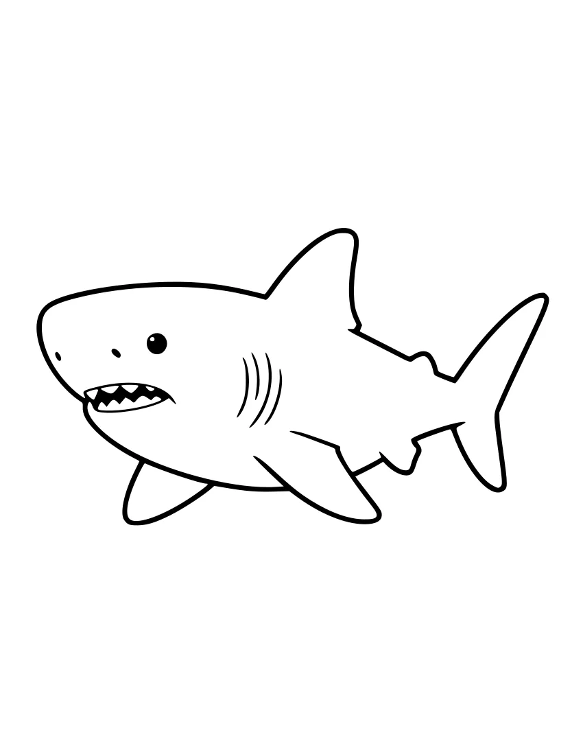 Line drawing of a stocky bull shark with a broad head, short snout, and open mouth showing small teeth, swimming to the left with a dorsal fin, pectoral fins, and a forked tail.