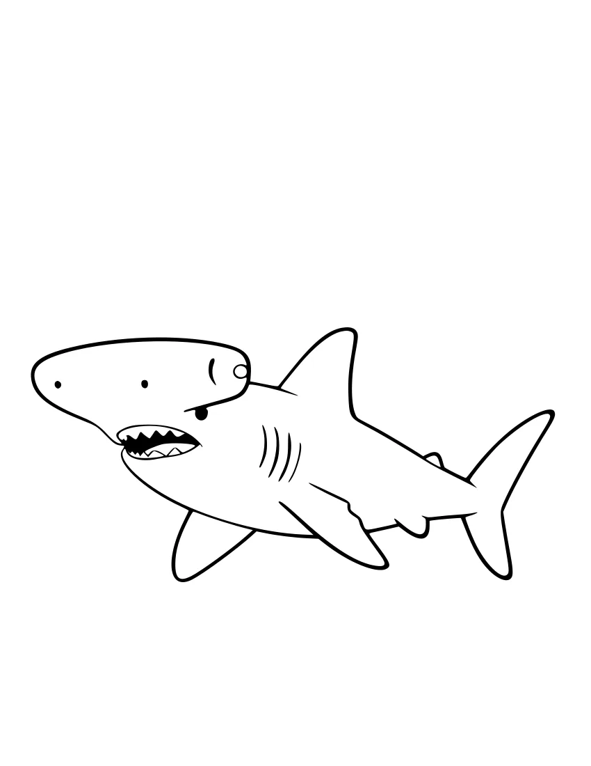 Black-and-white line drawing of a hammerhead shark in side view, showing its wide flattened head, tall dorsal fin, and open smiling mouth.
