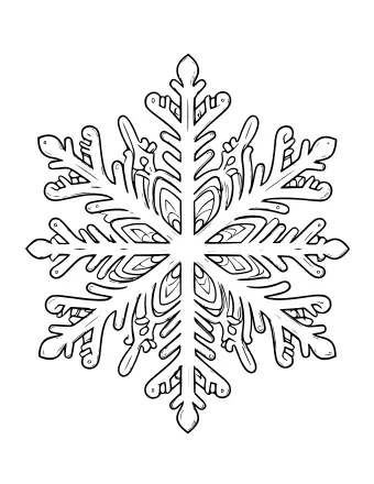 Dibujo lineal en blanco y negro de un complejo copo de nieve con seis brazos simétricos que presenta intrincados patrones similares a encajes, líneas finas y formas geométricas detalladas.