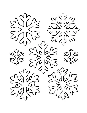 Dibujo lineal en blanco y negro de un grupo de tres copos de nieve diferentes de diferentes tamaños y diseños en una sola página.