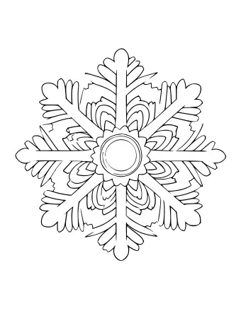 Arte lineal en blanco y negro de un complejo mandala de copo de nieve con seis brazos simétricos, círculos internos detallados y ramas con forma de helecho.