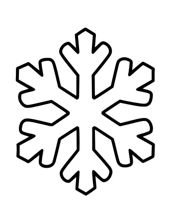 Un contorno de copo de nieve grande y simétrico con seis brazos principales y ramas pequeñas, dibujado con gruesas líneas negras sobre un fondo blanco.