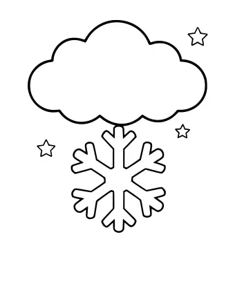 Dibujo lineal en blanco y negro de un gran copo de nieve de seis brazos que cae de una nube hinchada, con tres pequeñas estrellas esparcidas en el fondo.