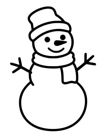 Schwarz-weiße Strichzeichnung eines zweikugeligen Schneemanns mit Stockarmen, einer Karottennase und einem lächelnden Gesicht, mit Leerraum auf Kopf und Körper zum Hinzufügen von Accessoires.