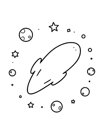 A comet with a swept tail surrounded by small round asteroids and star shapes