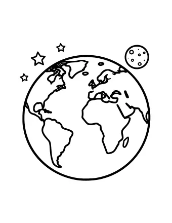 Planet Earth showing Africa, Europe and the Americas with a small cratered Moon and stars