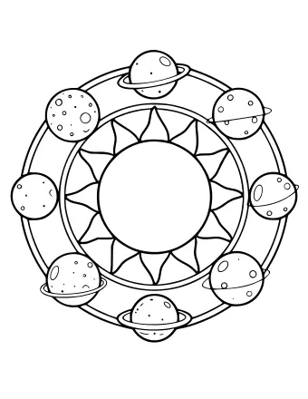 The Sun in the centre surrounded by eight planets arranged in a circle in orbit rings