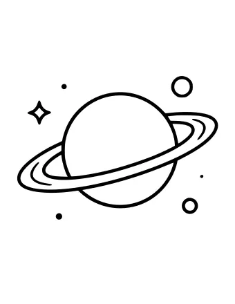 Saturn with a wide tilted ring surrounded by small moons and stars