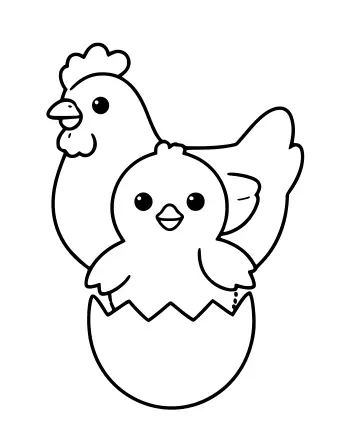 ひびの入った卵の殻から孵化した笑顔の赤ん坊の線画と、そのすぐ後ろに立っている母鶏の線画