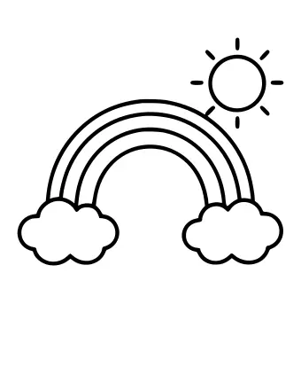2 つのふわふわした雲の間に 3 つのバンドがアーチ状になった明るい虹の白黒の線画で、右上隅には笑顔の太陽が付いています。