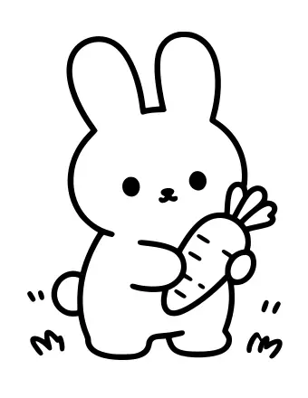 ニンジンを持った長い耳を持つかわいい漫画のウサギの白黒の線画が、足の周りに小さな草の房がある草地に座っています。