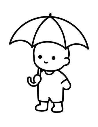 開いた傘を頭の上にかざし、平らな面に立っている笑顔の子供を描いた白黒の線画。