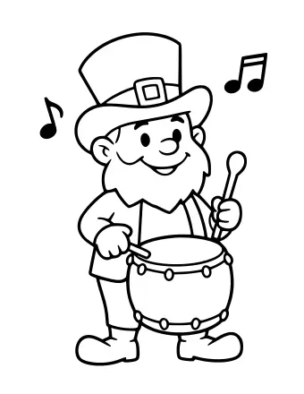 Un duende sonriente con un sombrero alto y botas con hebillas sostiene baquetas y toca un tambor grande, con notas musicales flotando en el aire a cada lado.