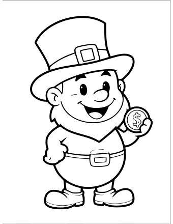 Dibujo lineal de un duende sonriente con un sombrero verde alto y sosteniendo una moneda de oro con un trébol.