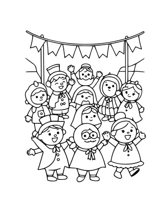 Dibujo lineal en blanco y negro de un grupo de niños y adultos con trajes y sombreros verdes saludando y sonriendo bajo una serie de pancartas triangulares, con algunas ramas de árboles desnudas al fondo.