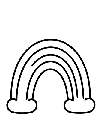 Un simple dibujo lineal en blanco y negro de un arco iris brillante con cuatro bandas curvas, que termina en dos pequeñas nubes, con una olla de oro sobre la nube derecha.