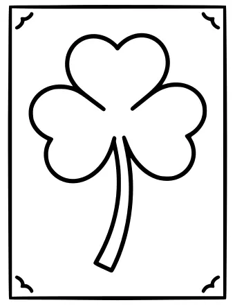 Dibujo lineal en blanco y negro de un gran trébol de tres hojas con un tallo largo, centrado dentro de un borde rectangular con pequeños adornos decorativos en cada esquina.