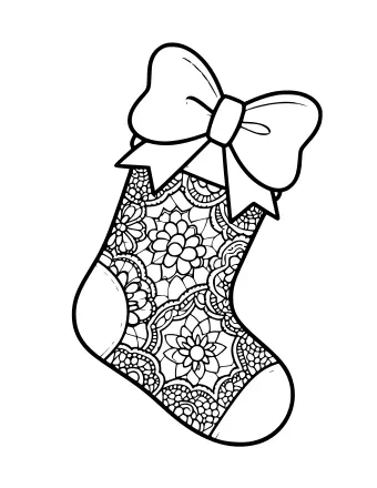 Dibujo lineal en blanco y negro de un calcetín navideño decorado con intrincados patrones de encaje, motivos florales y un gran lazo en la parte superior.