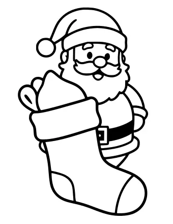 Dibujo lineal en blanco y negro de un gran calcetín navideño con puño y hebilla, con Papá Noel al fondo metiendo la mano para colocar un pequeño obsequio.