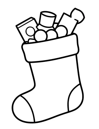 Dibujo lineal en blanco y negro de un gran calcetín navideño repleto de un auto de juguete, una taza pequeña, un bloque, una pelota y un juguete en forma de estrella.