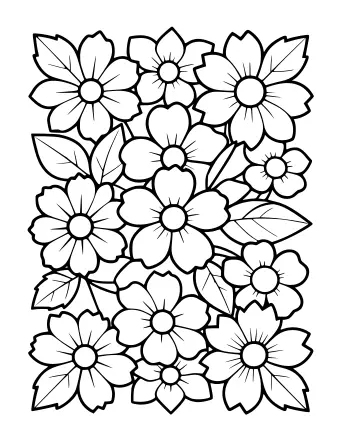 Dibujo lineal en blanco y negro de un denso patrón floral con hojas y flores superpuestas de varias formas y tamaños.
