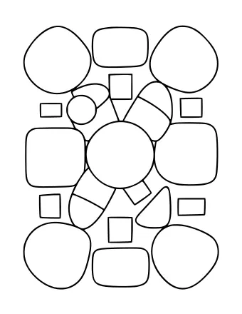 Dibujo lineal en blanco y negro de una composición abstracta de formas geométricas entrelazadas, incluidos círculos, cuadrados y polígonos redondeados dispuestos en un patrón denso y superpuesto.