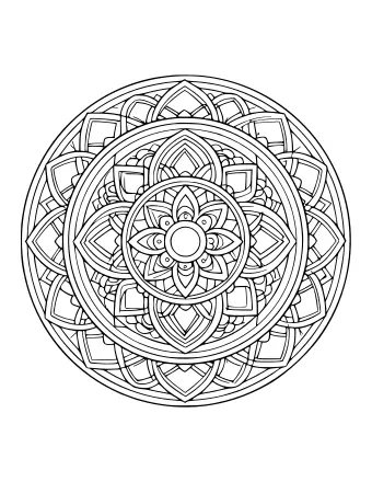Arte lineal en blanco y negro de un mandala circular con anillos concéntricos de formas geométricas, pétalos y patrones intrincados.