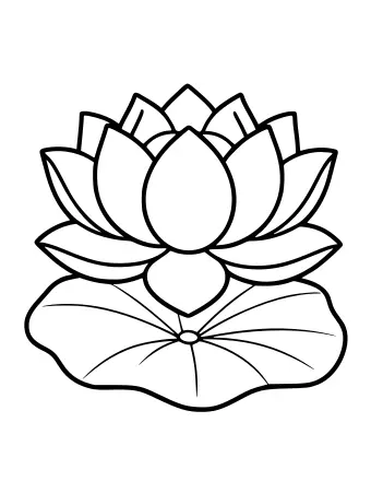 Dibujo lineal en blanco y negro de una gran flor de loto con múltiples capas de pétalos puntiagudos, un centro redondeado y dos hojas anchas que se extienden en la base.