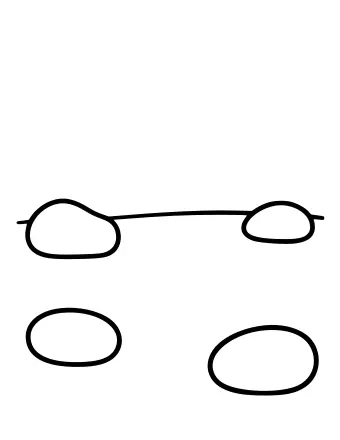 Dibujo lineal de un jardín zen con dos patrones de arena rastrillados y dos piedras lisas