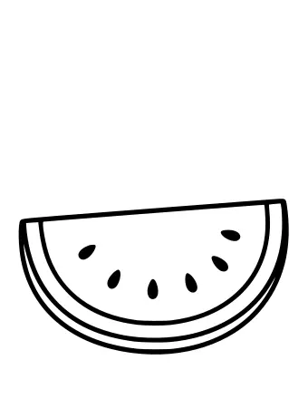 Un dibujo lineal simple de una rodaja de sandía con cáscara verde, capa interior blanca, pulpa roja y semillas negras.